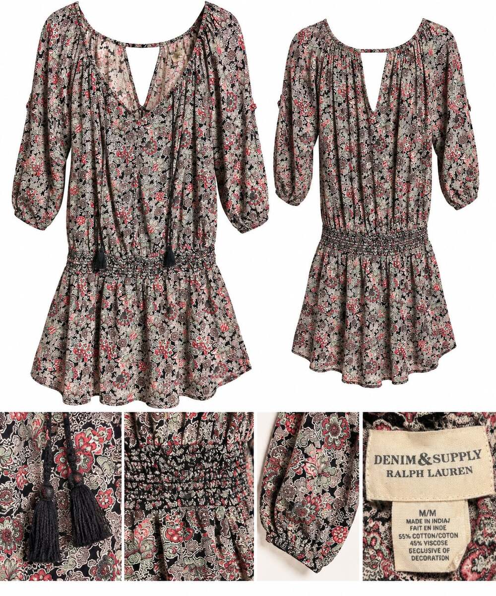 Denim & Supply Ralph Lauren Mini Dress Size M Black Floral Boho Peasant
